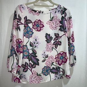 Talbots blouse Sz P floral scoop neck long sleeve keyhole back msr